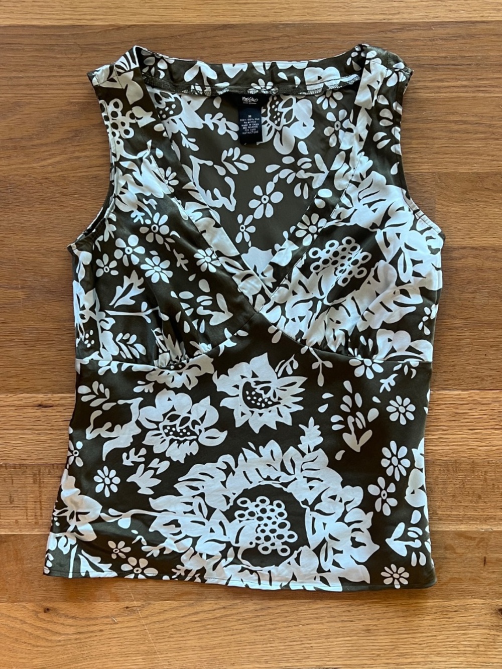 Vintage Mossimo 100% Silk Floral Empire Cut Sleeveless Top Brown Silver | Medium